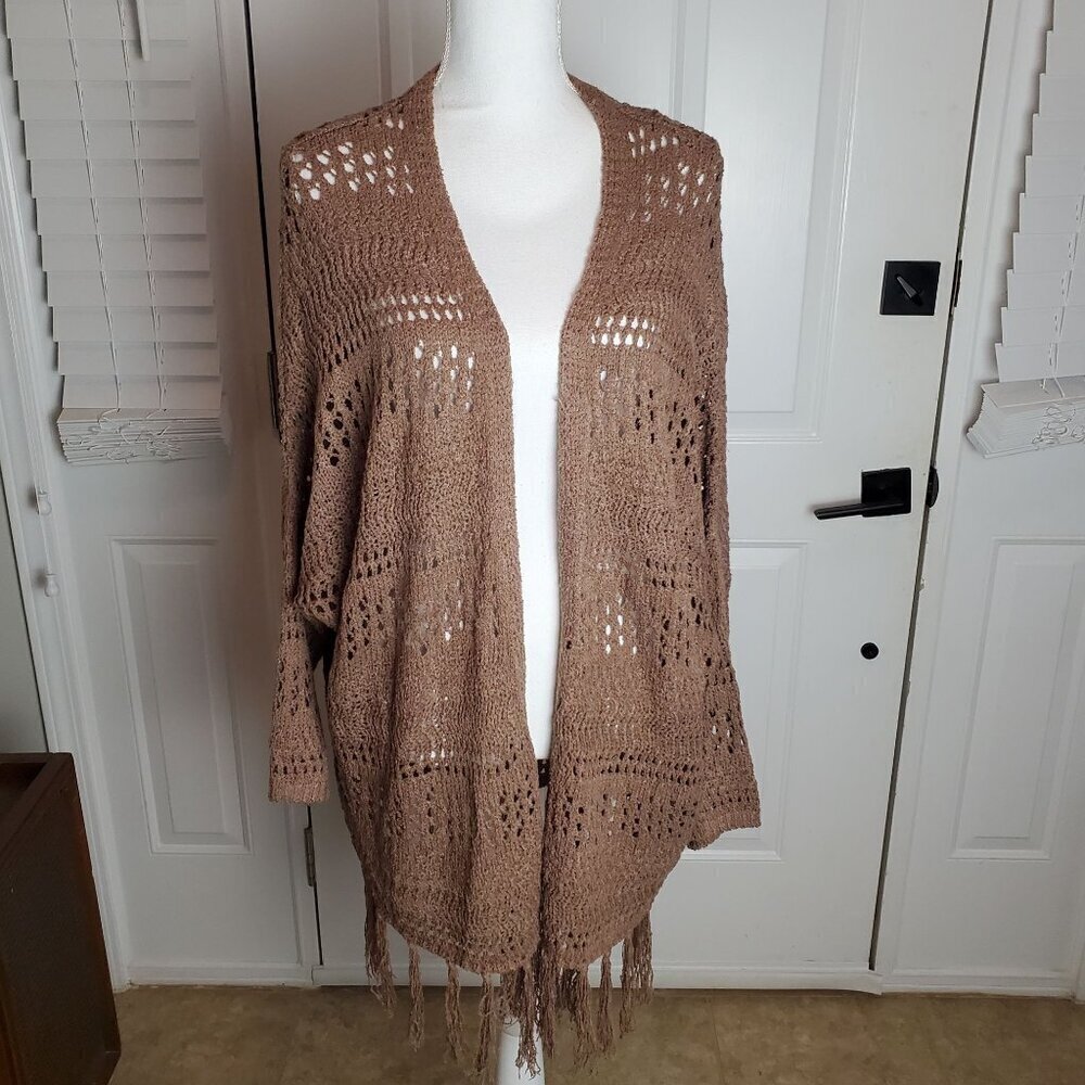 Umgee Cardigan‎ Womens Large Mocha Brown Fringe Open Knit Boho Dolman Sleeve New